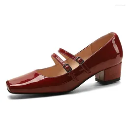 Dress Shoes Women Single Genuine Leather Spring Autumn Mid Heels Buckle Strap Lady Dance Black Red Silver Wedding