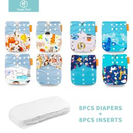 HappyFlute 8 diapers8 Inserts Baby Cloth Diapers One Size Adjustable Washable Reusable Cloth Nappy For Baby Girls and Boys 240105