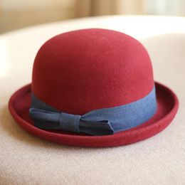 Berets Ladies' Sweet And Cute Autumn Winter Bow Colorful Versatile Woolen Curled Edge Little Top Hat