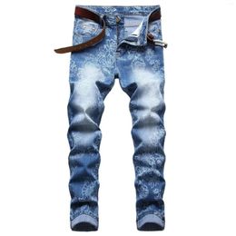 Men's Jeans Fashion Printing Elastic Denim Trousers Slim Small Straight Personality Cotton Four Seasons Medium Waist Classic