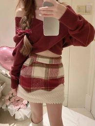 Work Dresses 2024 Winter Christmas Fashion Suit Woman Casual Knitted Sweater Red Plaid Slim Y2k Mini Skirt Party Elegant 2 Piece Set Chic