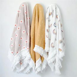 Blankets 120 100CM Muslin Tassel Children Blanket Floral Print Cotton Bath Towel Gauze Swaddle Baby Wrap Sleepsack Stroller Cover