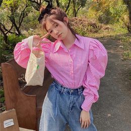 Women's Blouses Korean Style Spring Women Sweet Cute Turn-down Collar Long Sleeve Blouse Plaid Print Puff Cotton Casual Shirts V362