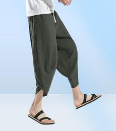 Men039s Pants Cotton Linen Cropped Pant Solid Casual Wide Leg Bloomers Drawstring Elastic Waist CalfLength Trousers Men Plus S2771470