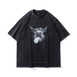 Vintage Oversize T-Shirt Y2K Hip Hop Dobermann Dog Animal Graphic Print Washed Streetwear Tshirt Harajuku Fashion Loose Top