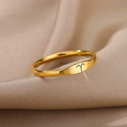 Band Rings 12 Constellations Zodiac Rings For Women Men Aesthetic Gold Plated Stainelss Steel Ring Wedding Jewelry Birthday Best Gift BagueL240105