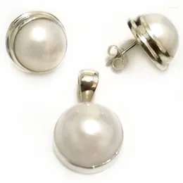 Necklace Earrings Set 16-17mm Natural Round White Mabe Pearl 925 Sterling Silver Pendent &Stud Earring Jewellery