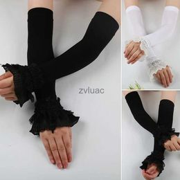 Arm Leg Warmers Fingerless Gloves Fashion Women Elastic Sleeve Driving Long Ice Silk Lace Mittens Covered Summer Sunscreen Glove YQ240106