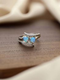 Cluster Rings Pure 925 Silver Women's "2 Heart Shape Blue Opal" Ring With 2 "Silver Bar Zircon" Tail Sweet Style For Office Wearing