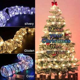 1Pcs Gold Christmas Ribbon Fairy Lights,196.85inch 50 LED Lights Battery Powered Copper Fairy Strings Lights,Ribbon Bows Lights For Garden Decor Home Decor