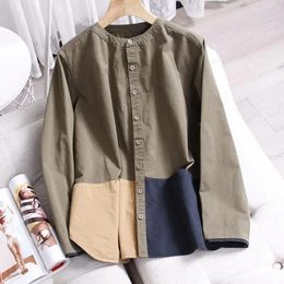Women's Blouses Patchwork Colour Cotton Linen Long Sleeve Shirt Casual Spring Autumn Fashion Stand Up Collar Slim Blouse Ladies Tops