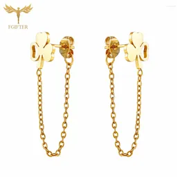 Stud Earrings Style Dangle Chain Fashion Lucky Clover For Girl Women Golden Stainless Steel Jewellery Accessory Gifts