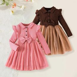 Girl Dresses Autumn Children's Tulle Dress Kids Girls Long Sleeve Bowknot Solid Colour Ribbed Ruffles Knit Princess Baby Party Clothes