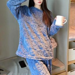 Women's Sleepwear Women Coral Velvet Pyjama Set Cosy Winter For Thick Fleece Top Elastic Waist Trousers Solid Colour Warm Homewear