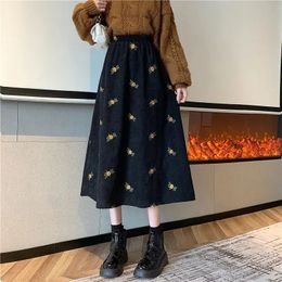 Vintage Corduroy Skirt Women Autumn Winter Loose Embroidery Floral High Waist Long Skirts Female 240106