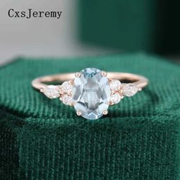 Band Rings Oval Natural Aquamarine Engagement Ring Vintage Unique Marquise cut Cluster Moissanite Ring Solid 14K/10K Rose Gold Wedding GiftL240105