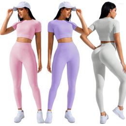 Active Sets Seamless Yoga Set Women Ridded 2PCS Two Piece Crop Top Short Sleeve Legging Sportsuit Workout Outfit Fitness Gym Wear Sport