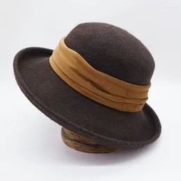 Berets Women Wide Brim Wool Felt Bowler Hat Roll Up Rinbbon Winter Fedora Ladies Dress Cloche Bucket Crushable