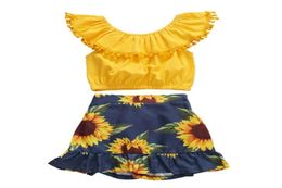 Summer 18M5Years Kid Baby Girls Outfits Ruffle Off Shoulder Crop Tops Floral Mini Skirts Summer Clothes Set3674303