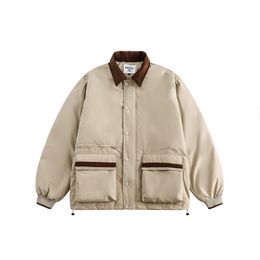 Winter Colour blocking corduroy lapel down jacket with Japanese retro three-dimensional pocket for men