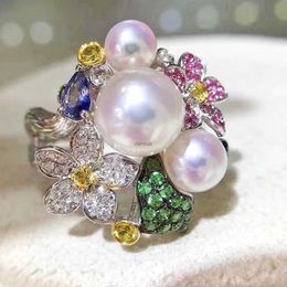 Band Rings Cluster Flower Colourful Cubic Zirconia with Sterling Silver Natural White Freshwater Pearls Gemstone Rings Women' Finger BandsL240105