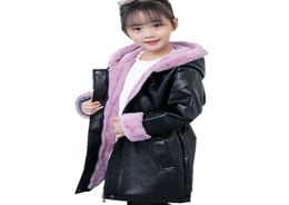 Winter Faux Leather Coat for Girls PU Leather Hooded Overcoat Plus Velvet Jacket Waterproof Outerwear for Kids 313Years9138602