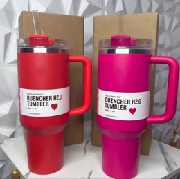 US stock Target Red Water Bottles 40oz Quencher H2.0 Mugs Cups Cosmo Pink Parade Car cup Tumblers Cups with Silicone handle ValentineDay Gift With 1:1 Same Logo