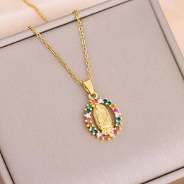 Pendant Necklaces In Oval Colourful Zircon Crystal Virgin Mary For Women Retro Female Neck Chain Lady Party Jewellery Wholesale