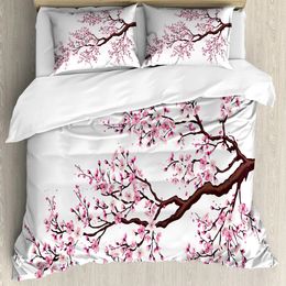 Japanese Duvet Cover SetBranch of A Flourishing Sakura Tree Flower Cherry Blossoms Spring Theme Art Japan Bedding Set Full Size 240106