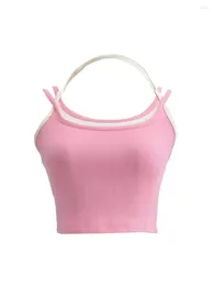 Women's Tanks Women Spaghetti Straps Crop Tank Top Y2k Off Shoulder Halter Cami Bodycon Ribbed Knit Workout T Shirt Streetwear (Pink M)