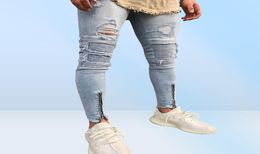 Men Male Ripped Biker Jeans White blue Knee Pleated Ankle Zipper Brand Slim Fit Cut Destroyed Skinny Jean Pants For Male Homme8504103