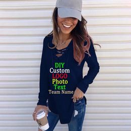 Women's T Shirts 2024 Spot Autumn Winter Europe The United States Solid Colour V-Neck Lacing Loose Tos T-Shirt Custom LOGO