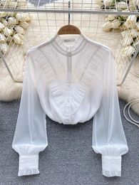 Women's Blouses Women Autumn Shirt Korean Light Luxury Fairy Long Sleeved Organza Wood Ear Edge Design Sense Small Top D5374