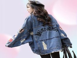 Oversized Fashion Print MenWomen Denim Jacket Loose Autumn 2019 New Streetwear Vintage BF Style Frayed Holes Jeans Coat Female4404857