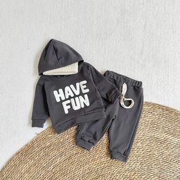 2PCS Ins Style Spring Autumn Boys Girls Baby Sports Suit Handmade Letter Patch Baby Clothing Sets Cotton Hooded Sweat Pants 240105