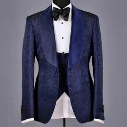 Jackets Navy Blue Floral Jacquard Groom Tuxedo for Wedding Slim Fit 3 Piece Men Suit Jacket Waistcoat with Black Pants Male Fashion 2022