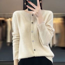 Women 100% Pure Merino Wool Knitted Sweater Spring Autumn ONeck First Line Seamless Top Cardigan Long Sleeve Cashmere Knitwear 240105