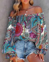 Sexy Boho Off Shoulder Print Shirts & Blouses Spring Summer Women Ruffles Lace Up Shirt Casual Loose Womens Tops And