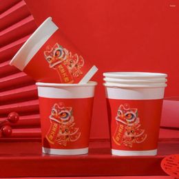 Disposable Cups Straws 50 Pcs Heat-Resistant Year Of Dragon Paper Red Thickening Tea Cup Not Easily Deformed Lion Dance Pattern