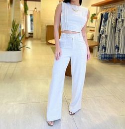 Women's Two Piece Pants 2024 Summer Commuting Style Solid Fashion Round Neck Sleeveless Navel Exposed Short Top And Casual Set For Women