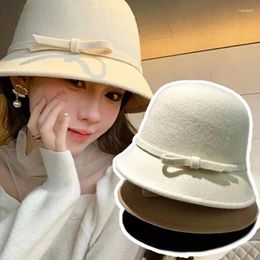 Berets Vintage Bow Ribbon Fisherman Cap Unisex Solid Color Wool Bucket Hats Elegant Warm Basin Caps Outdoor Cycling Fishing Panama Hat