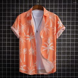 Men's Casual Shirts Men Summer Shirt Digital Coconut Tree Print Single-breasted Lapel Cardigan Short Sleeve Loose Beach Top