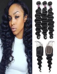 Ishow Indian Human Hair Bundles with 4x4 Lace Closure Brazilian 3PCS Loose Deep Wave Virgin Extensions for Women All Ages Natural 2758185