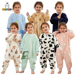 MICHLEY Cute Cow Flannel Baby Kids Sleeping Bag Winter Long Sleeve Wearable Blanket Warm Sleepsack Pyjamas For Boys Girls 16T 240105