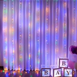 1pc, LED Curtain String Lights, 100/200/300 LEDl USB Wedding Garland Window Wall Lamp (9.8Ft*9.8ft-300leds), Home Decor, Bedroom Christmas, Holiday Decor