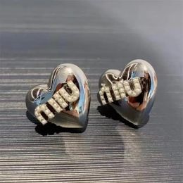Huggie Miu Letter Love Metal Rhinestone Earrings with Versatile Heart Shape Stereoscopic Metal Sense Earrings INS Network Red Premium Sen