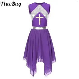 Stage Wear Women Sequin Sleeveless Lyrical Dress Liturgical Praise Dance Performance Costume Color Block Patchwork Irregular Hem Dresses