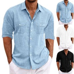 Men's Casual Shirts Men Button-Down Shirt Summer Cotton Linen Long Sleeve Lapel Simple Fited Tops Plus Size Collar