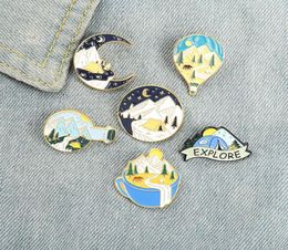 Sky Mountain Shape Alloy Brooches Coffee Moon Explore Camping Model Pins Balloon Circle Backpack Hat Badge Jewellery Whole Acces271G1319266