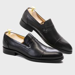 GARMORIT Mens Slip-on Loafers Formal Genuine Leather Classic Solid Cap Toe Blue Black Office Business Dress Shoes for Men